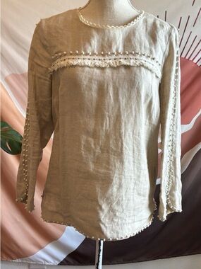 J. Crew Beige Linen Pom-Pom Trim Long Sleeve Top Size 4